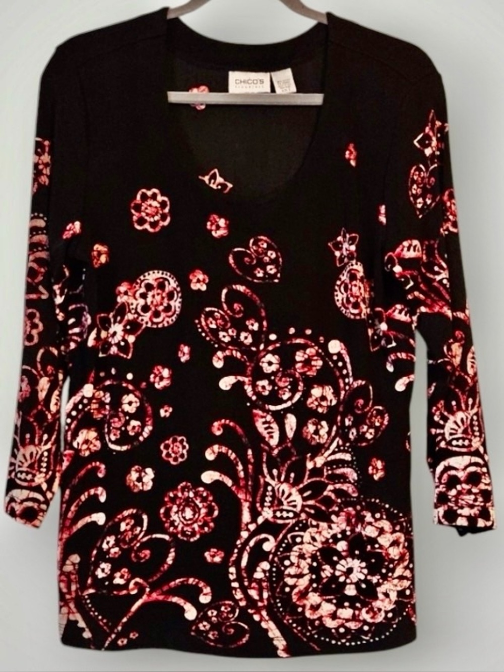 Vintage Chicos Travelers Collection Top with Pink Floral Paisley Print Size 2/L